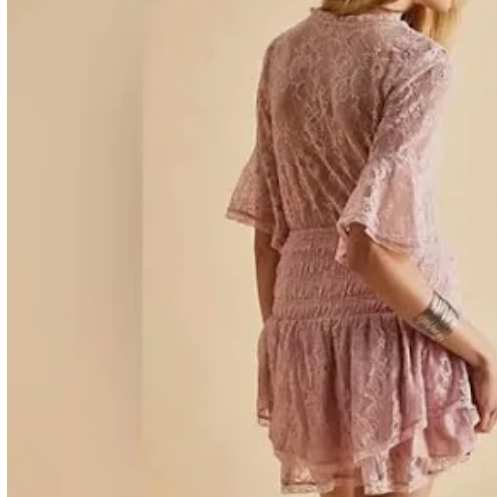 Free People Lala Lace Sheer  V-Neck Mini Dress in Pink Dawn - Picture 2 of 6